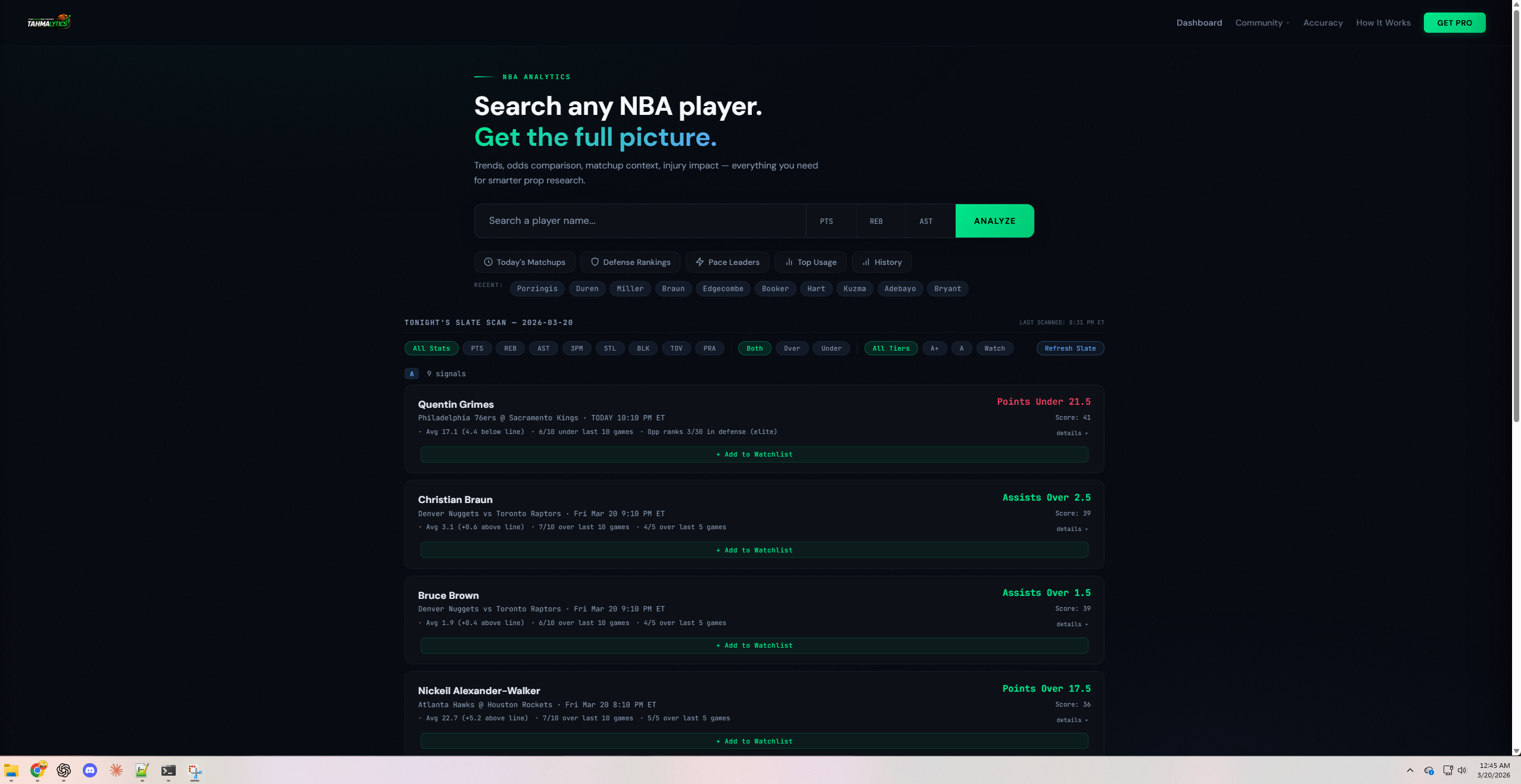 TAHMAlytics Dashboard — NBA player prop research tool showing search, slate scanner, and signal analysis